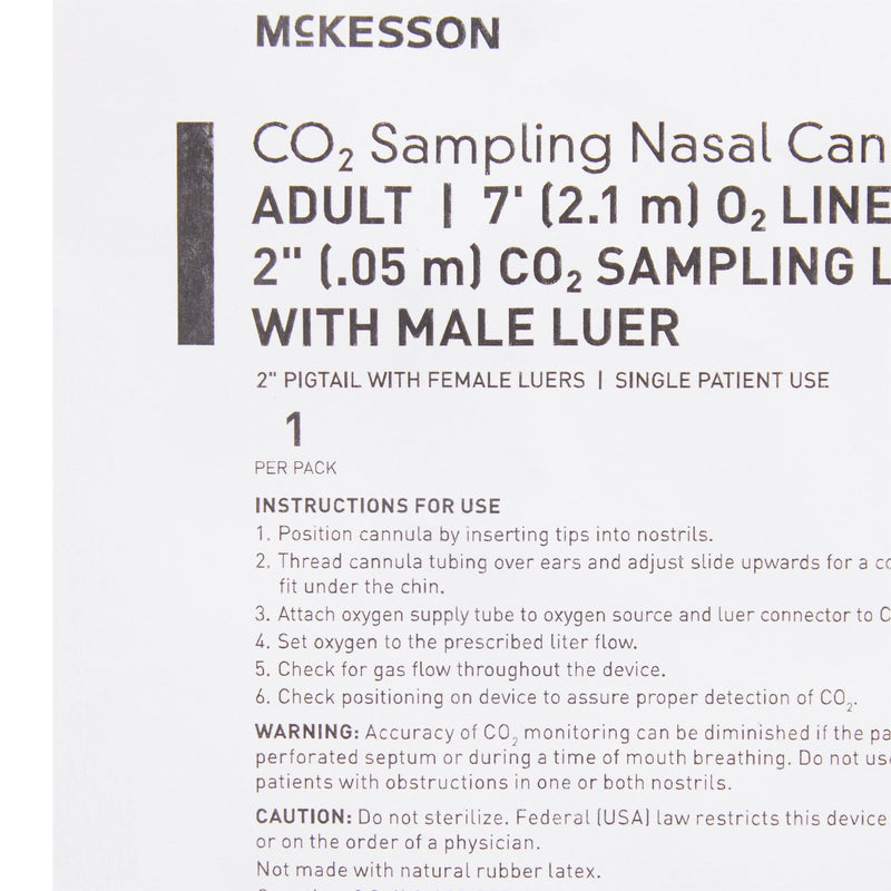 ETCO2 Nasal Sampling Cannula with O2 Delivery McKesson Adult Curved Prong / NonFlared Tip 7 Foot O2 / 2 Inch CO2 Line