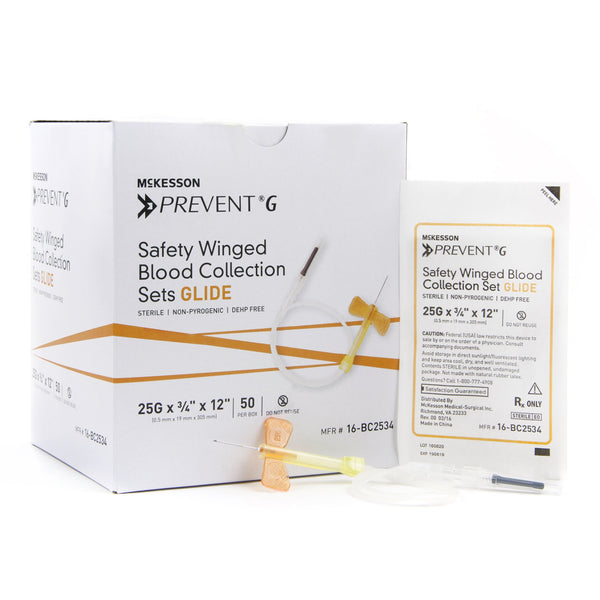 McKesson Prevent® G Blood Collection Set 25 Gauge 3/4 Inch Needle Length Safety Needle 12 Inch Tubing Sterile