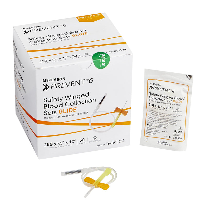McKesson Prevent® G Blood Collection Set 25 Gauge 3/4 Inch Needle Length Safety Needle 12 Inch Tubing Sterile