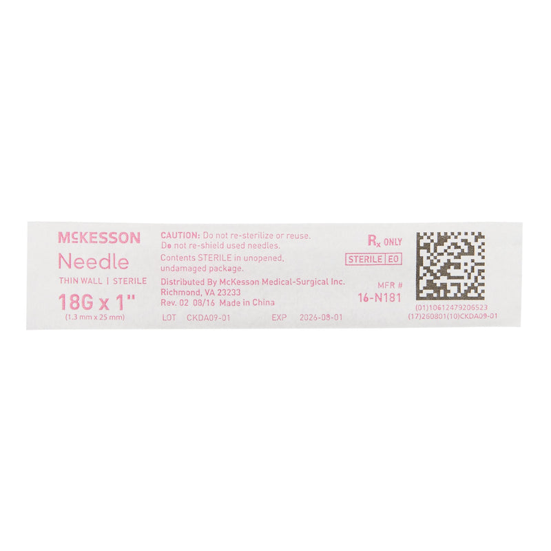 Hypodermic Needle McKesson 1 Inch Length 18 Gauge Thin Wall Without Safety