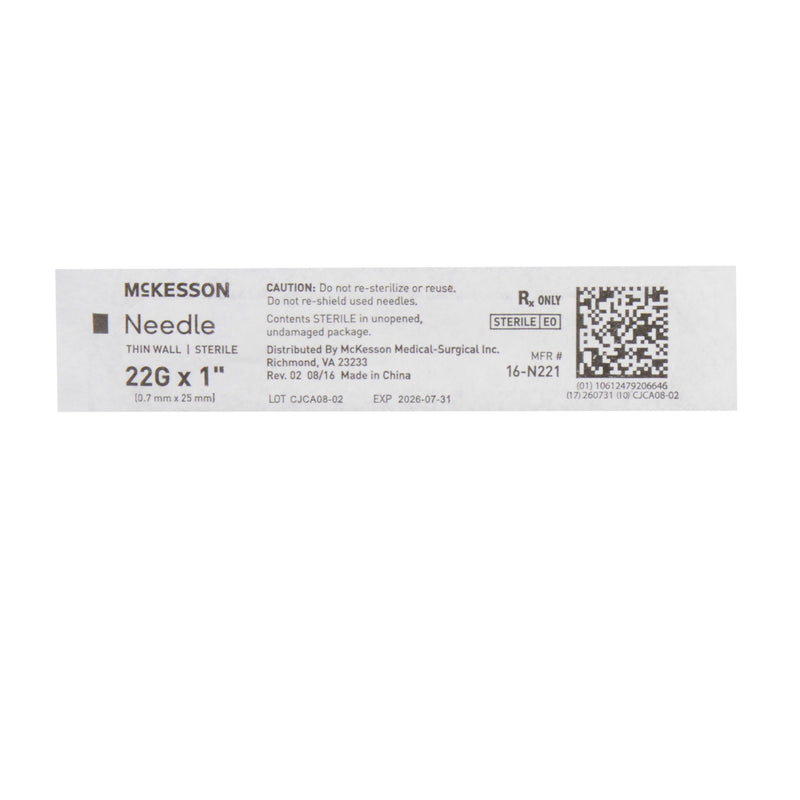 Hypodermic Needle McKesson 1 Inch Length 22 Gauge Thin Wall Without Safety