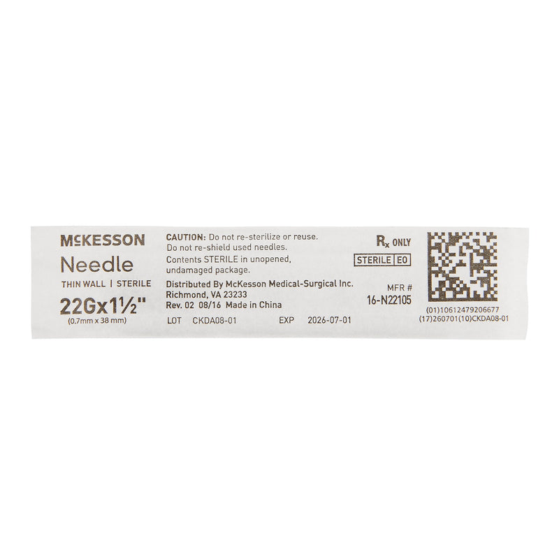 Hypodermic Needle McKesson 1-1/2 Inch Length 22 Gauge Thin Wall Without Safety