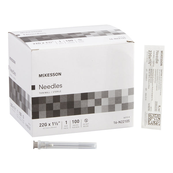 Hypodermic Needle McKesson 1-1/2 Inch Length 22 Gauge Thin Wall Without Safety