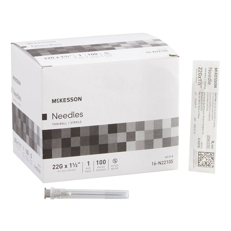 Hypodermic Needle McKesson 1-1/2 Inch Length 22 Gauge Thin Wall Without Safety