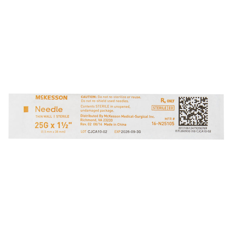 Hypodermic Needle McKesson 1-1/2 Inch Length 25 Gauge Thin Wall Without Safety
