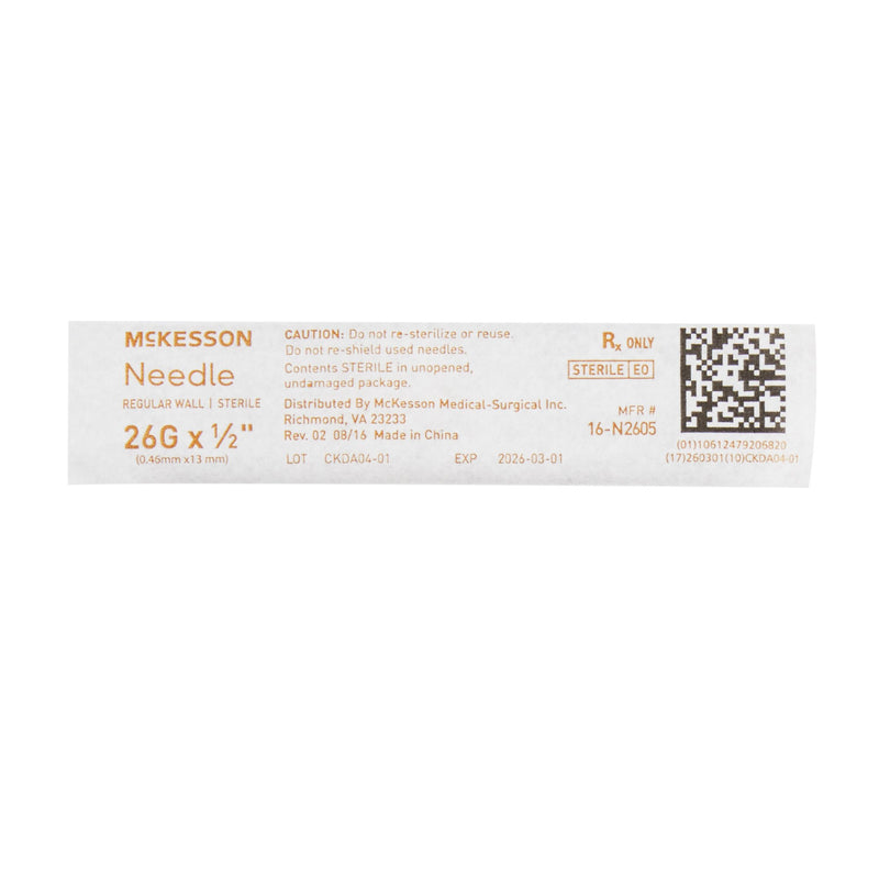 Hypodermic Needle McKesson 1/2 Inch Length 26 Gauge Regular Wall Without Safety
