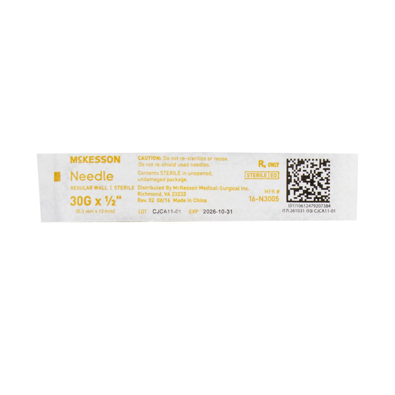 Hypodermic Needle McKesson 1/2 Inch Length 30 Gauge Regular Wall Without Safety