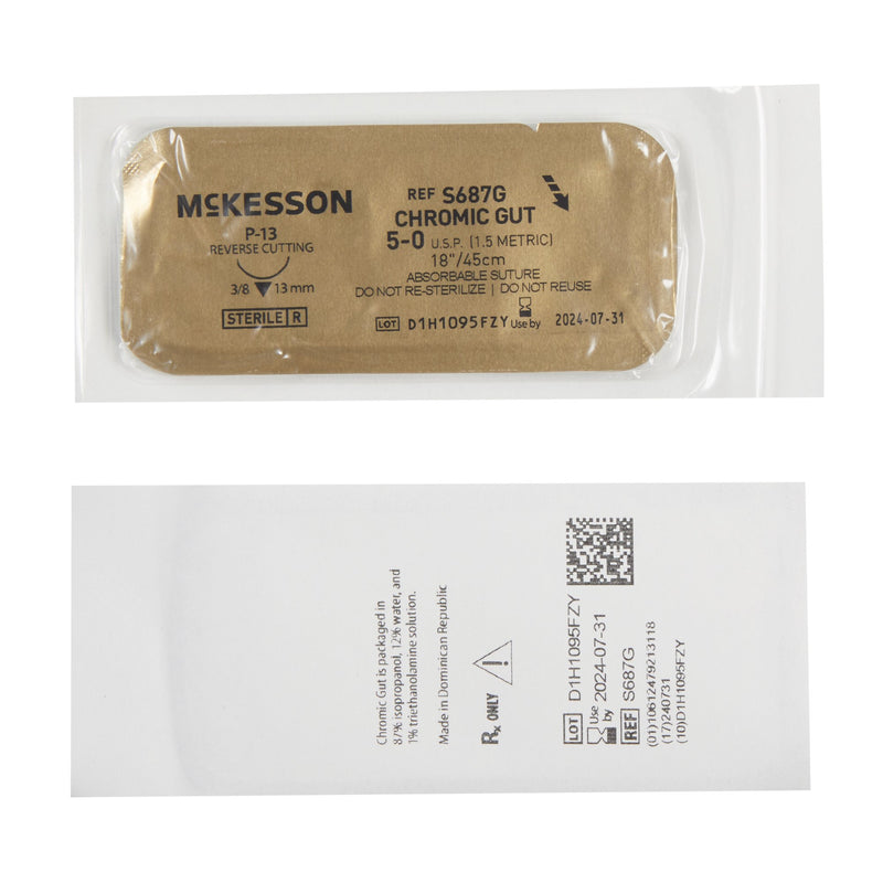 Absorbable Suture with Needle McKesson Chromic Gut P-13 3/8 Circle Precision Reverse Cutting Needle Size 5-0