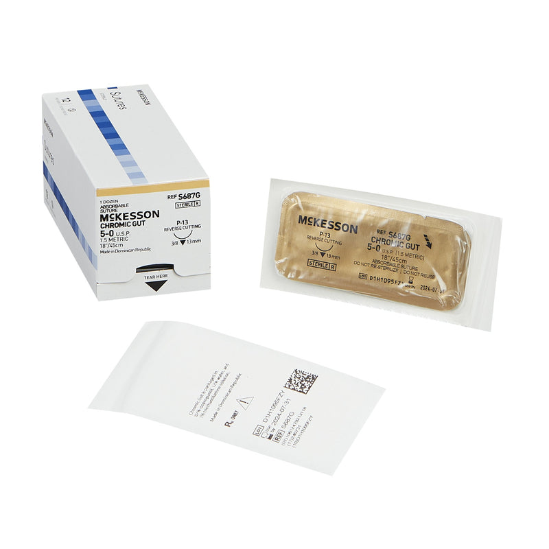 Absorbable Suture with Needle McKesson Chromic Gut P-13 3/8 Circle Precision Reverse Cutting Needle Size 5-0