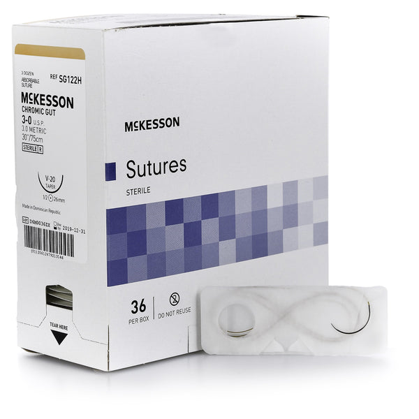 Absorbable Suture with Needle McKesson Chromic Gut V-20 1/2 Circle Taper Point Needle Size 3-0