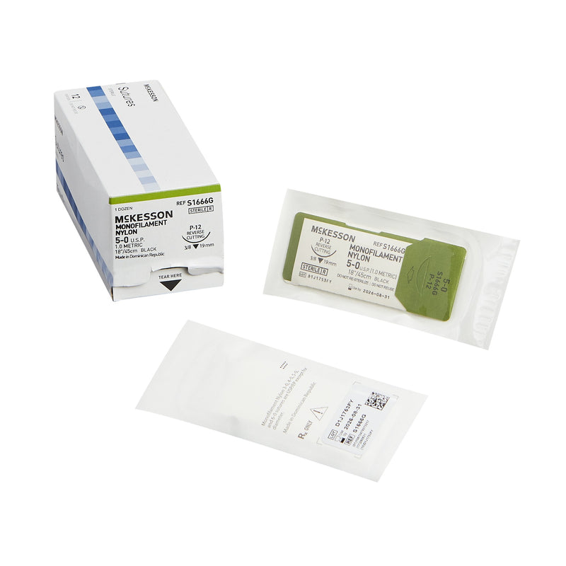 Nonabsorbable Suture with Needle McKesson Nylon P-12 3/8 Circle Precision Reverse Cutting Needle Size 5-0 Monofilament