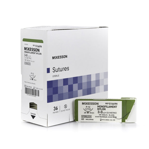 Nonabsorbable Suture with Needle McKesson Nylon P-12 3/8 Circle Precision Reverse Cutting Needle Size 3-0 Monofilament