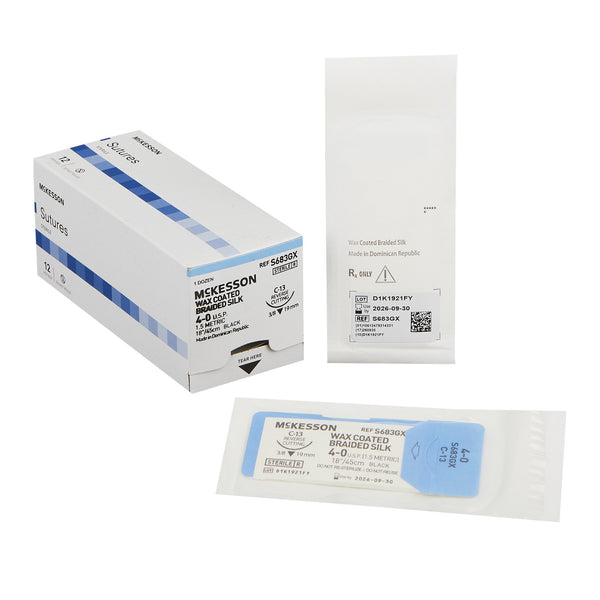 Nonabsorbable Suture with Needle McKesson Silk C-13 3/8 Circle Reverse Cutting Needle Size 4-0 Braided