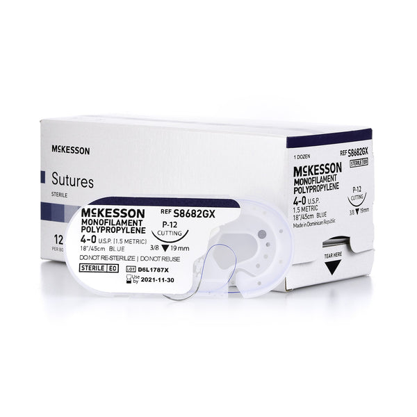 Nonabsorbable Suture with Needle McKesson Polypropylene P-12 3/8 Circle Precision Reverse Cutting Needle Size 4-0 Monofilament