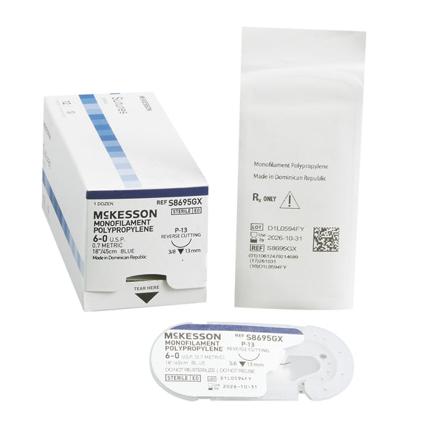 Nonabsorbable Suture with Needle McKesson Polypropylene P-13 3/8 Circle Precision Reverse Cutting Needle Size 6-0 Monofilament
