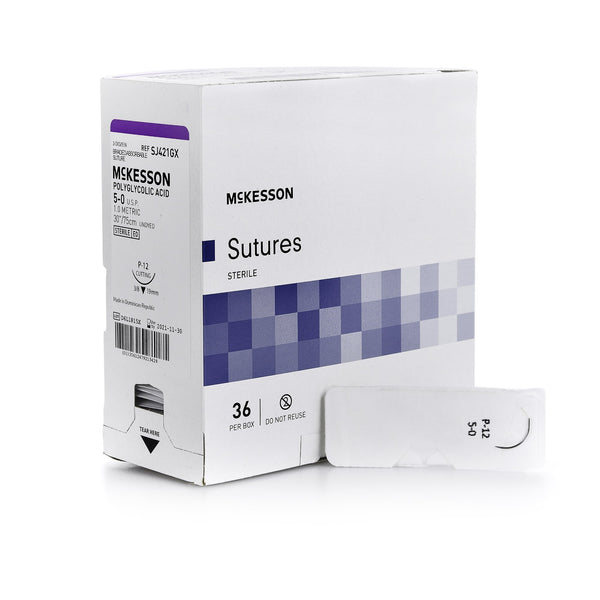 Absorbable Suture with Needle McKesson Polyglycolic Acid P-12 3/8 Circle Precision Reverse Cutting Needle Size 5-0 Braided