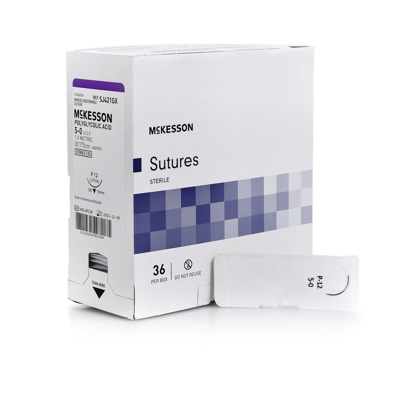Absorbable Suture with Needle McKesson Polyglycolic Acid P-12 3/8 Circle Precision Reverse Cutting Needle Size 5-0 Braided