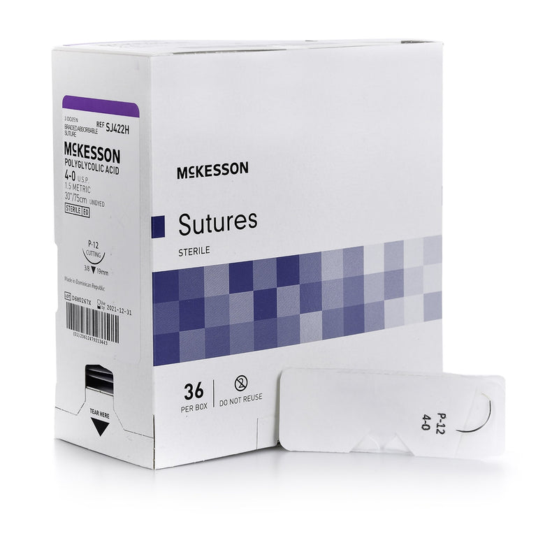 Absorbable Suture with Needle McKesson Polyglycolic Acid P-12 3/8 Circle Precision Reverse Cutting Needle Size 4-0 Braided