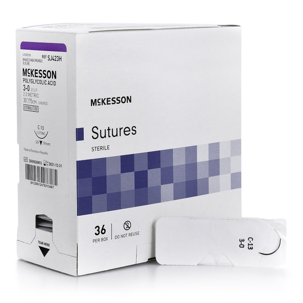 Absorbable Suture with Needle McKesson Polyglycolic Acid C-13 3/8 Circle Reverse Cutting Needle Size 3-0 Braided