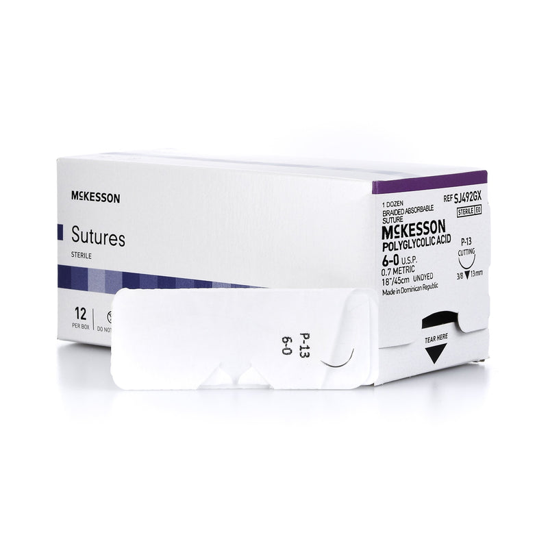 Absorbable Suture with Needle McKesson Polyglycolic Acid P-13 3/8 Circle Precision Reverse Cutting Needle Size 6-0 Braided