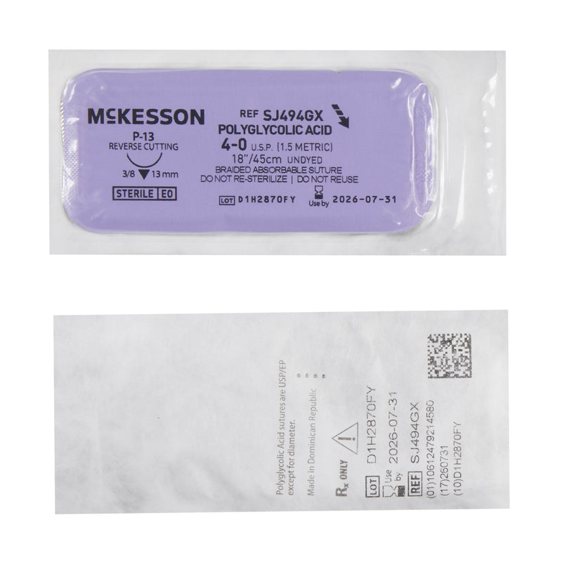 Absorbable Suture with Needle McKesson Polyglycolic Acid P-13 3/8 Circle Precision Reverse Cutting Needle Size 4-0 Braided