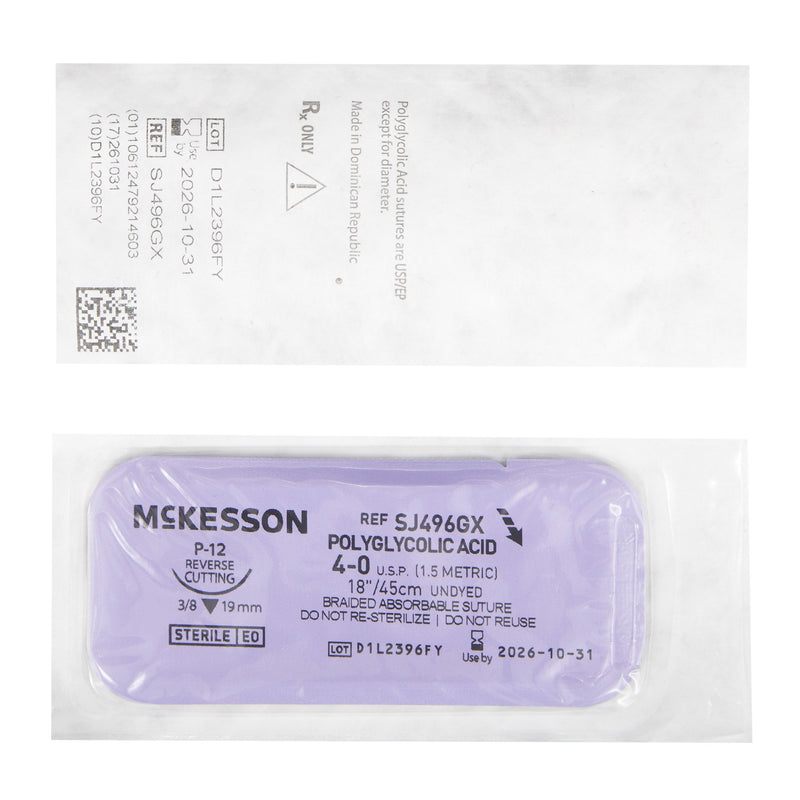 Absorbable Suture with Needle McKesson Polyglycolic Acid P-12 3/8 Circle Precision Reverse Cutting Needle Size 4-0 Braided