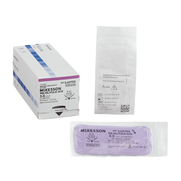 Absorbable Suture with Needle McKesson Polyglycolic Acid P-12 3/8 Circle Precision Reverse Cutting Needle Size 3-0 Braided