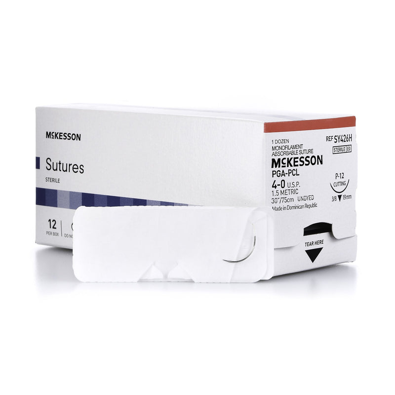 Absorbable Suture with Needle McKesson Polyglycolic Acid / PCL P-12 3/8 Circle Precision Reverse Cutting Needle Size 4-0 Monofilament