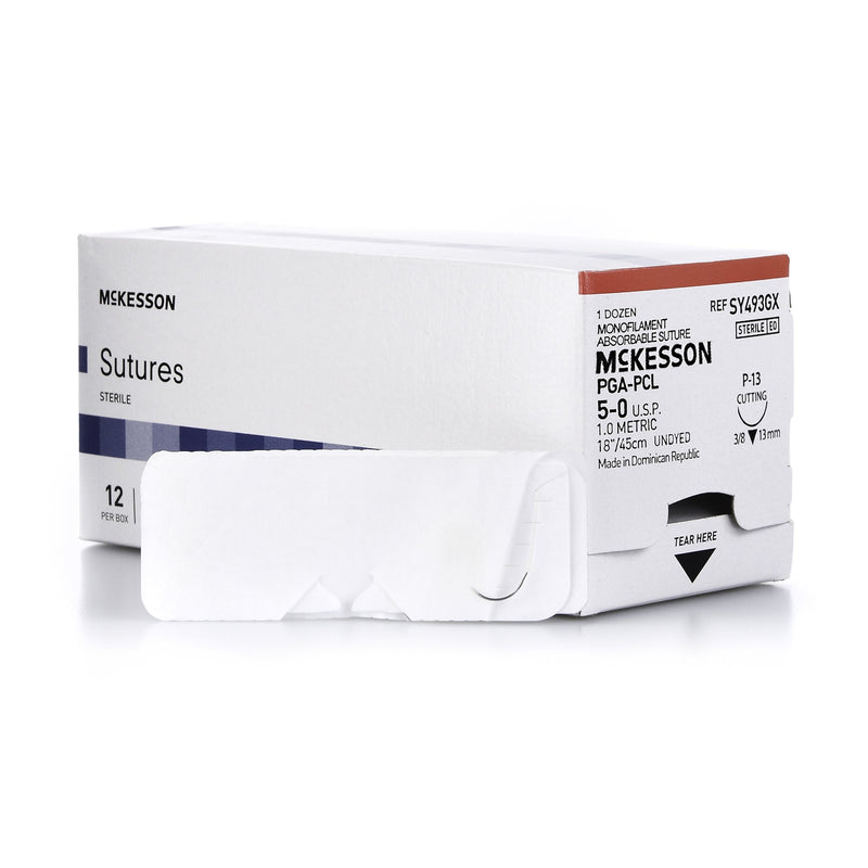 Absorbable Suture with Needle McKesson Polyglycolic Acid / PCL P-13 3/8 Circle Precision Reverse Cutting Needle Size 5-0 Monofilament