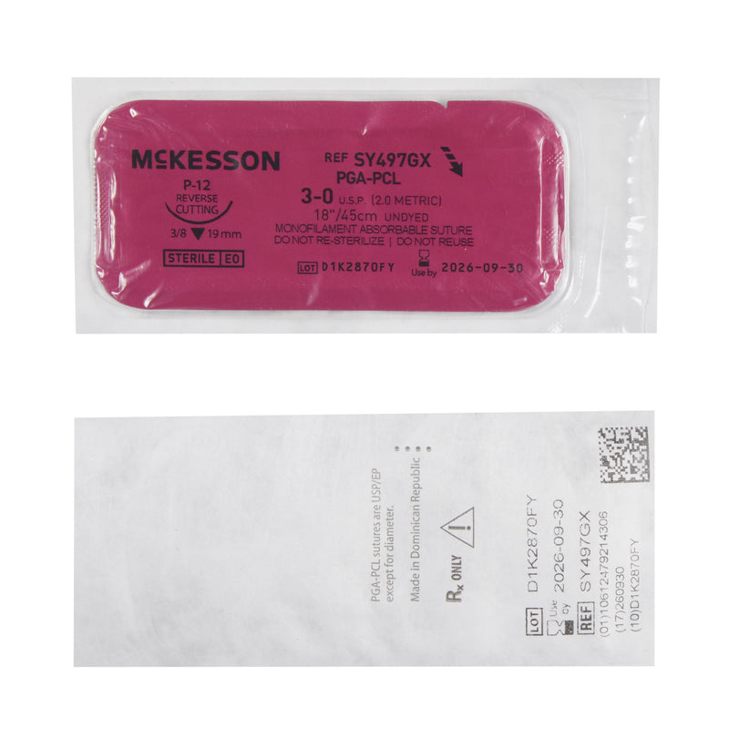 Absorbable Suture with Needle McKesson Polyglycolic Acid / PCL P-12 3/8 Circle Precision Reverse Cutting Needle Size 3-0 Monofilament