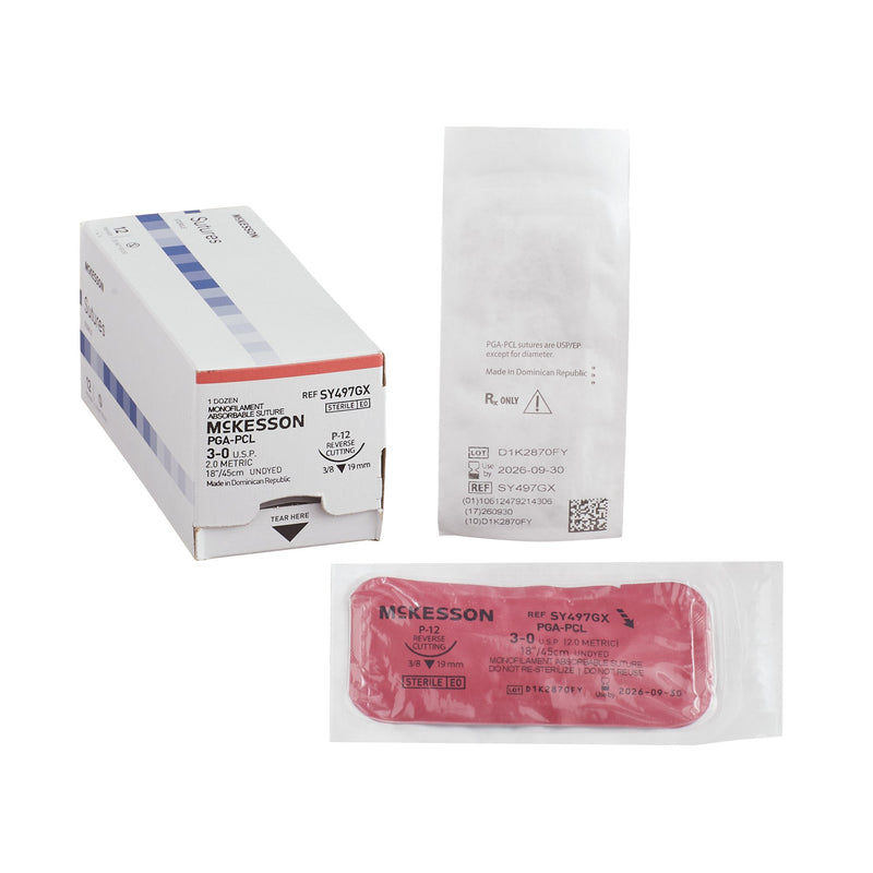 Absorbable Suture with Needle McKesson Polyglycolic Acid / PCL P-12 3/8 Circle Precision Reverse Cutting Needle Size 3-0 Monofilament