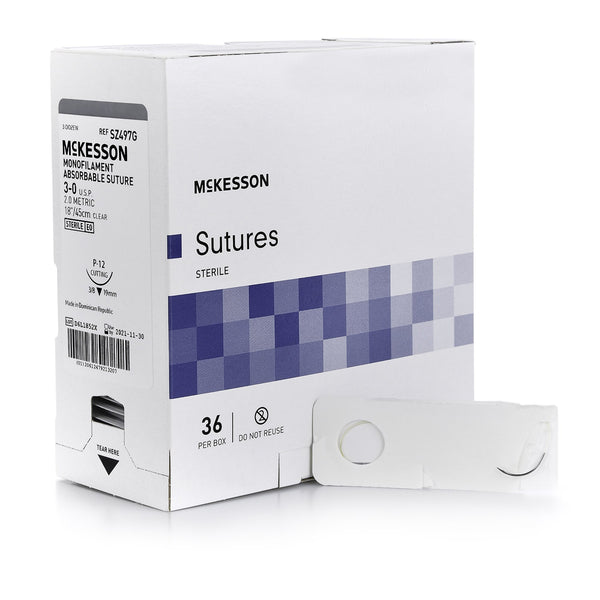 Absorbable Suture with Needle McKesson Monofilament P-12 3/8 Circle Precision Reverse Cutting Needle Size 3-0 Monofilament