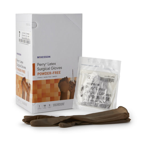 Surgical Glove McKesson Perry® Size 7 Sterile Latex Standard Cuff Length Smooth Brown Not Chemo Approved