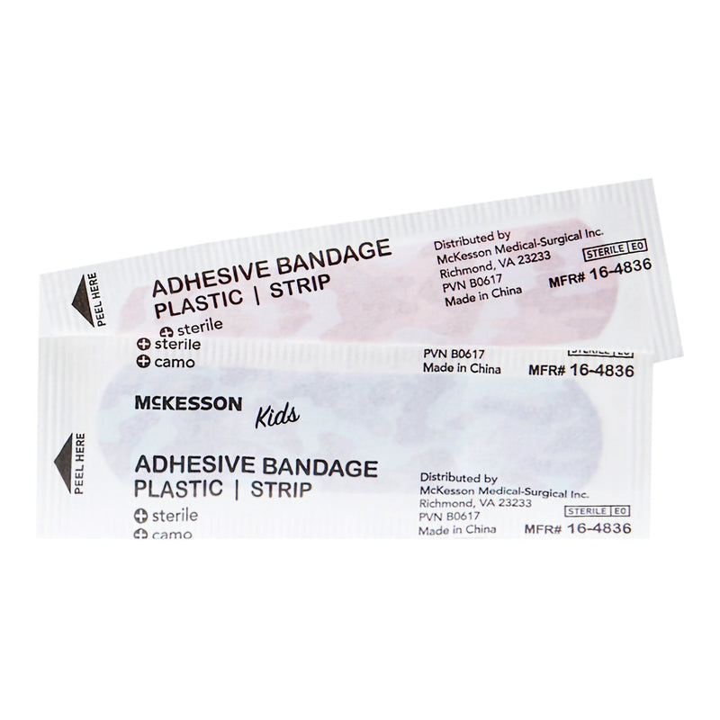 Adhesive Strip McKesson Kids™ 3/4 X 3 Inch Plastic Rectangle Kid Design (Blue / Pink Camo) Sterile