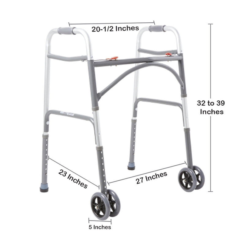 Bariatric Dual Release Folding Walker with Wheels Adjustable Height McKesson Steel Frame 500 lbs. Weight Capacity 32 to 39 Inch Height