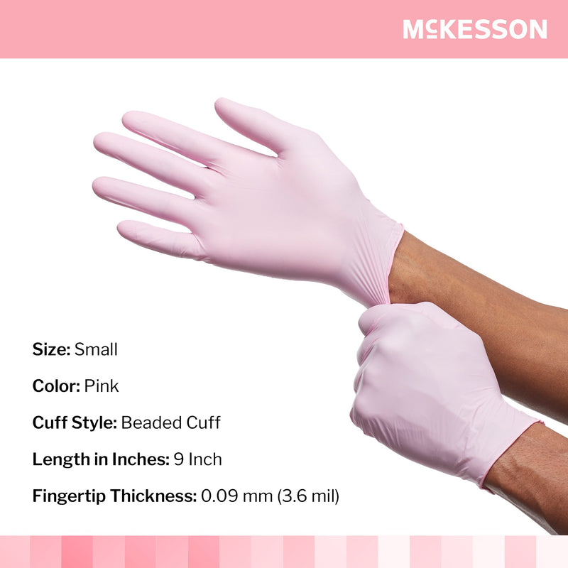 Exam Glove McKesson Pink Nitrile® Small NonSterile Nitrile Standard Cuff Length Textured Fingertips Pink Not Rated