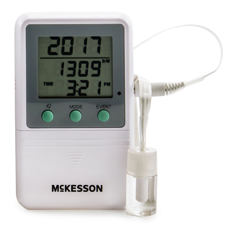 Digital Refrigerator / Freezer Thermometer with Alarm McKesson Fahrenheit / Celsius -58° to +158°F (-50° to +70°C) Glycol Bottle Probe Multiple Mounting Options Battery Operated
