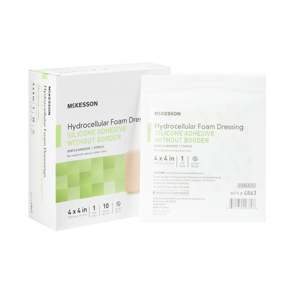 Foam Dressing McKesson 4 X 4 Inch Without Border Film Backing Silicone Gel Adhesive Square Sterile