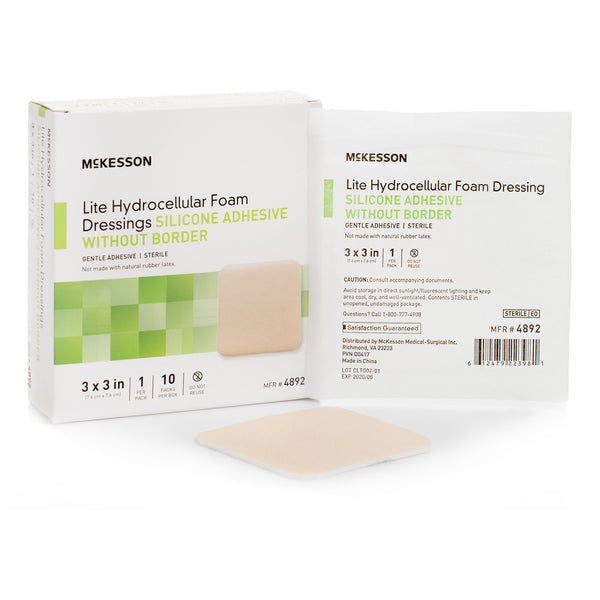 Thin Foam Dressing McKesson Lite 3 X 3 Inch Without Border Film Backing Silicone Gel Adhesive Square Sterile