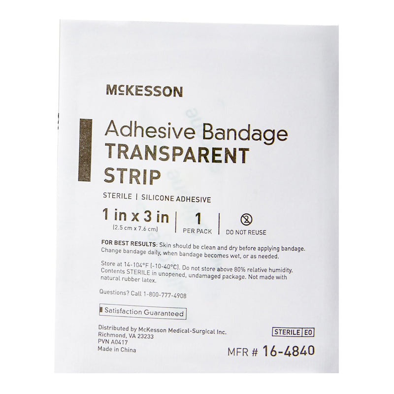 Waterproof Adhesive Strip McKesson 1 X 3 Inch Silicone Rectangle Sheer Sterile