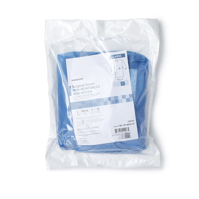 Non-Reinforced Surgical Gown with Towel McKesson Large Blue Sterile AAMI Level 3 Disposable