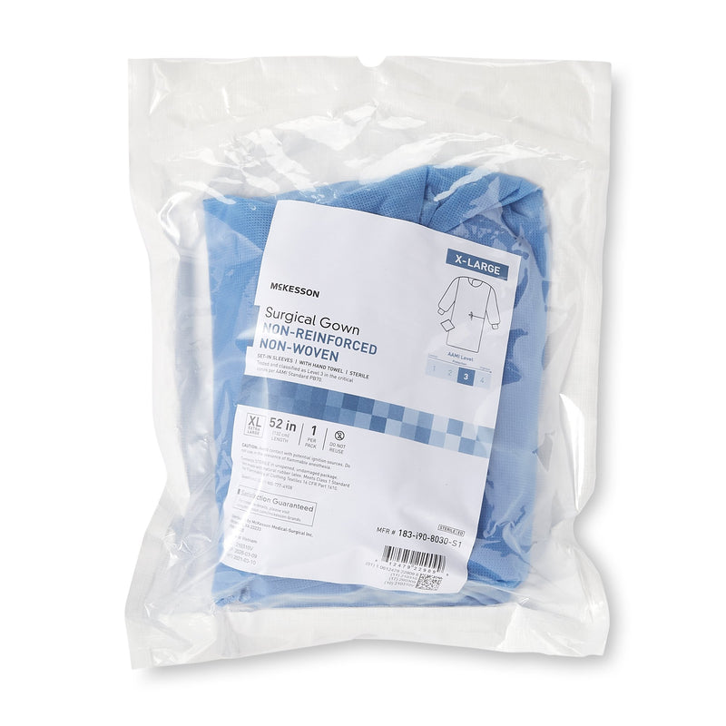 Non-Reinforced Surgical Gown with Towel McKesson X-Large Blue Sterile AAMI Level 3 Disposable