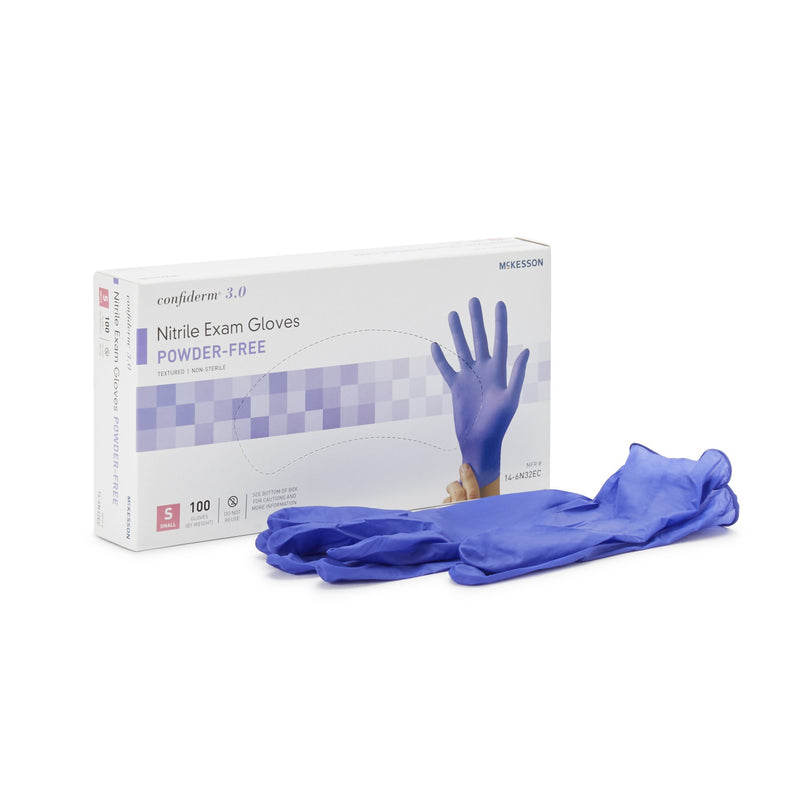 Exam Glove McKesson Confiderm® 3.0 Small NonSterile Nitrile Standard Cuff Length Textured Fingertips Blue Not Rated