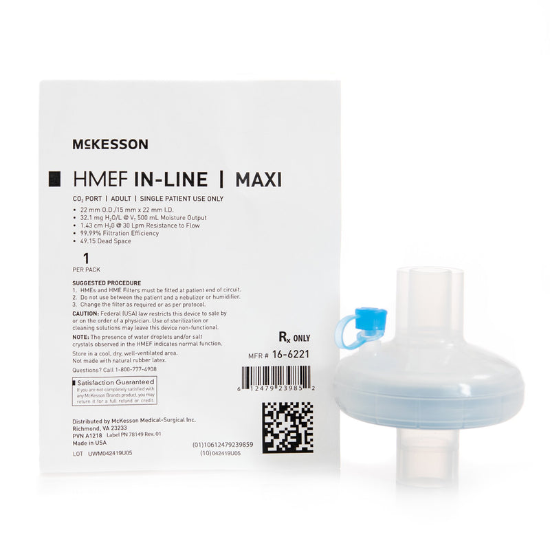 Heat and Moisture Exchanger with Filter McKesson 32.1 mg H?O/L @ VT 500 mL 1.43 cm H?O @ 30 LPM