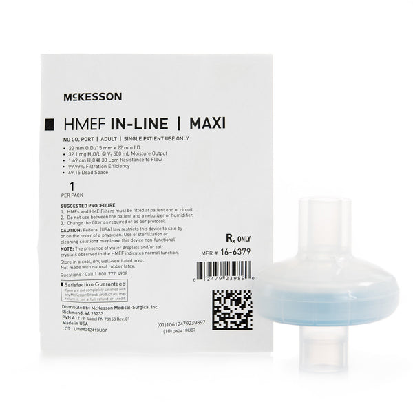Heat and Moisture Exchanger with Filter McKesson 32.1 mg H?O/L @ VT 500 mL 1.43 cm H?O @ 30 LPM