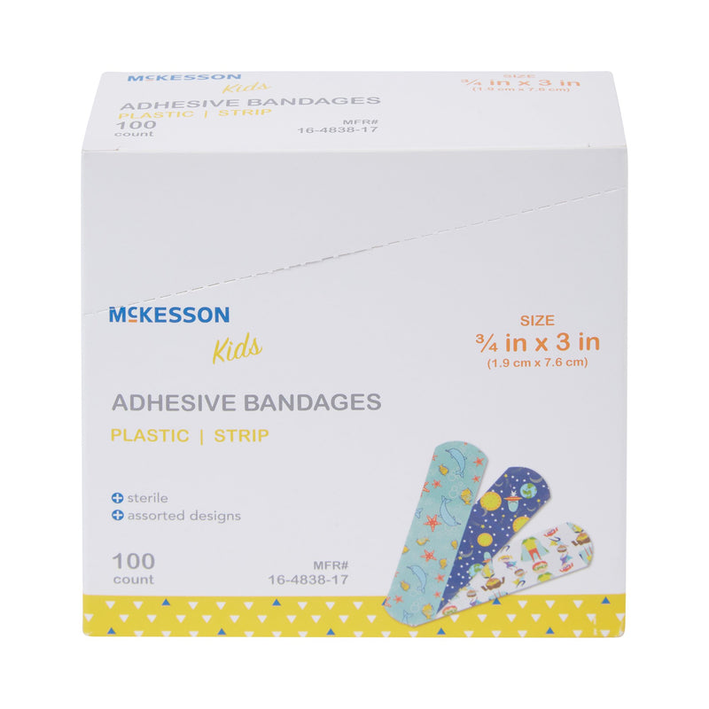 Adhesive Strip McKesson Kids™ 3/4 X 3 Inch Plastic Rectangle Kid Design (Assorted Prints) Sterile