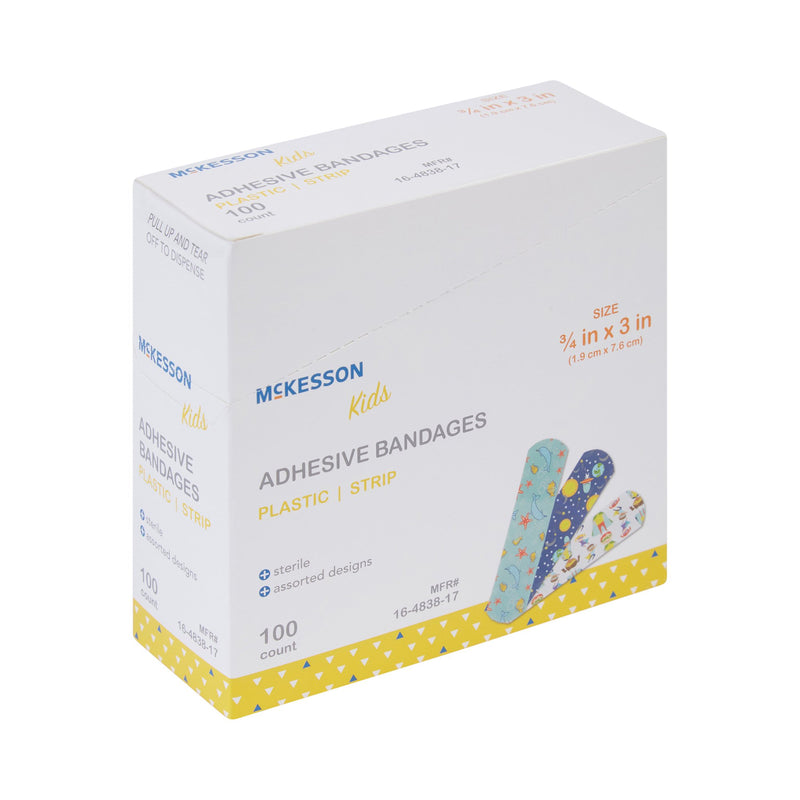 Adhesive Strip McKesson Kids™ 3/4 X 3 Inch Plastic Rectangle Kid Design (Assorted Prints) Sterile