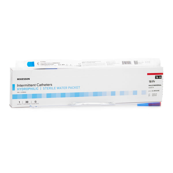 Urethral Catheter McKesson Coude Tip Hydrophilic Coated PVC 18 Fr. 16 Inch