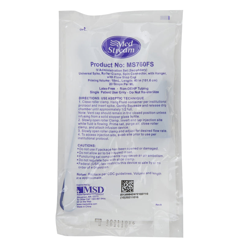 Secondary IV Administration Set MedStream Gravity Without Ports 20 Drops / mL Drip Rate Without Filter 40 Inch Tubing Solution