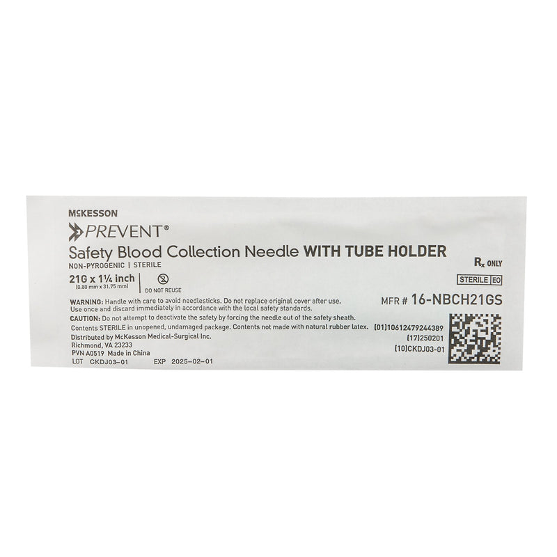McKesson Prevent® HT Blood Collection Needle with Holder 21 Gauge 1-1/4 Inch Needle Length Safety Needle Without Tubing Sterile